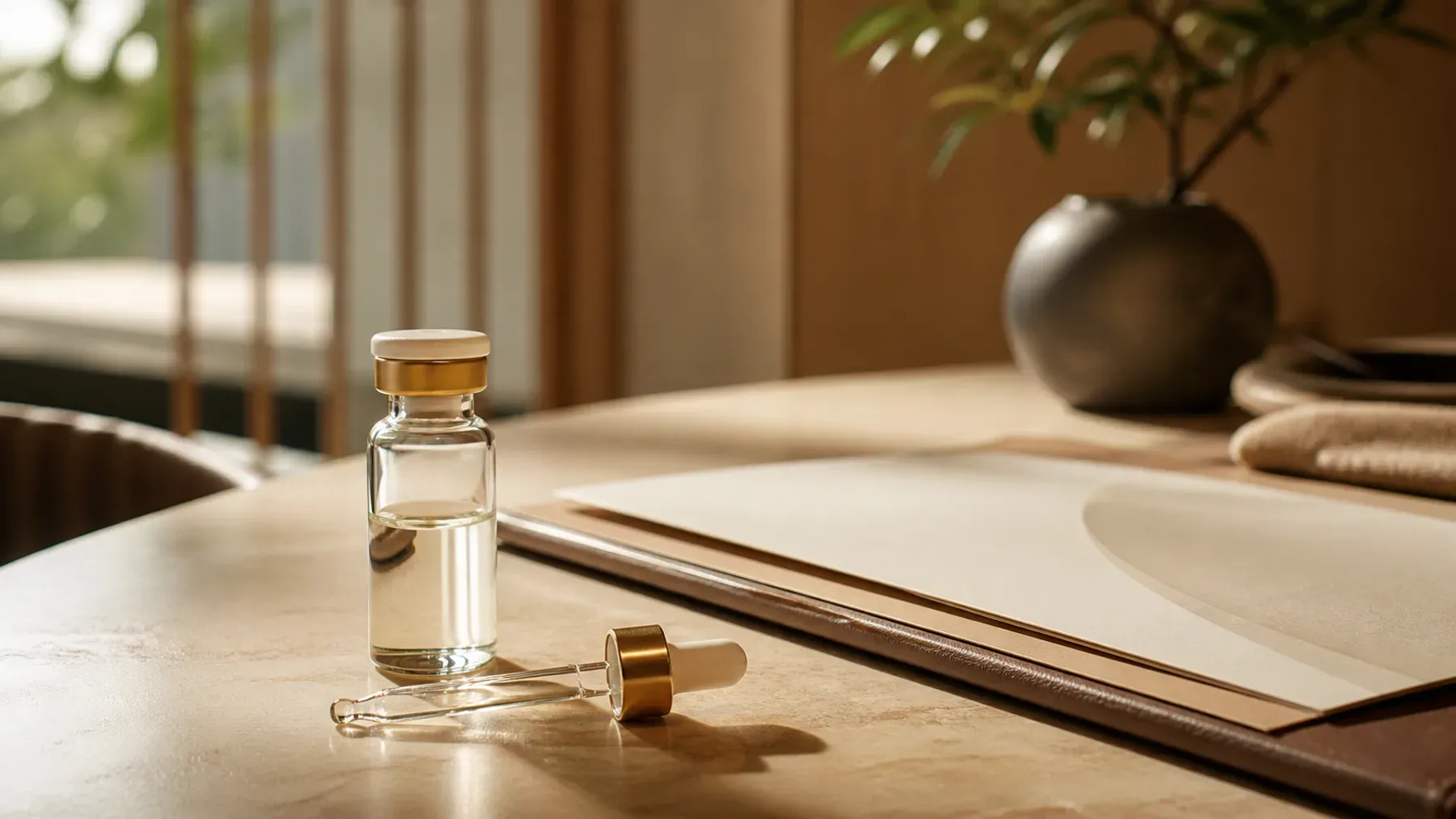 A glass serum vial and consultation documents arranged on a warm private clinic desk