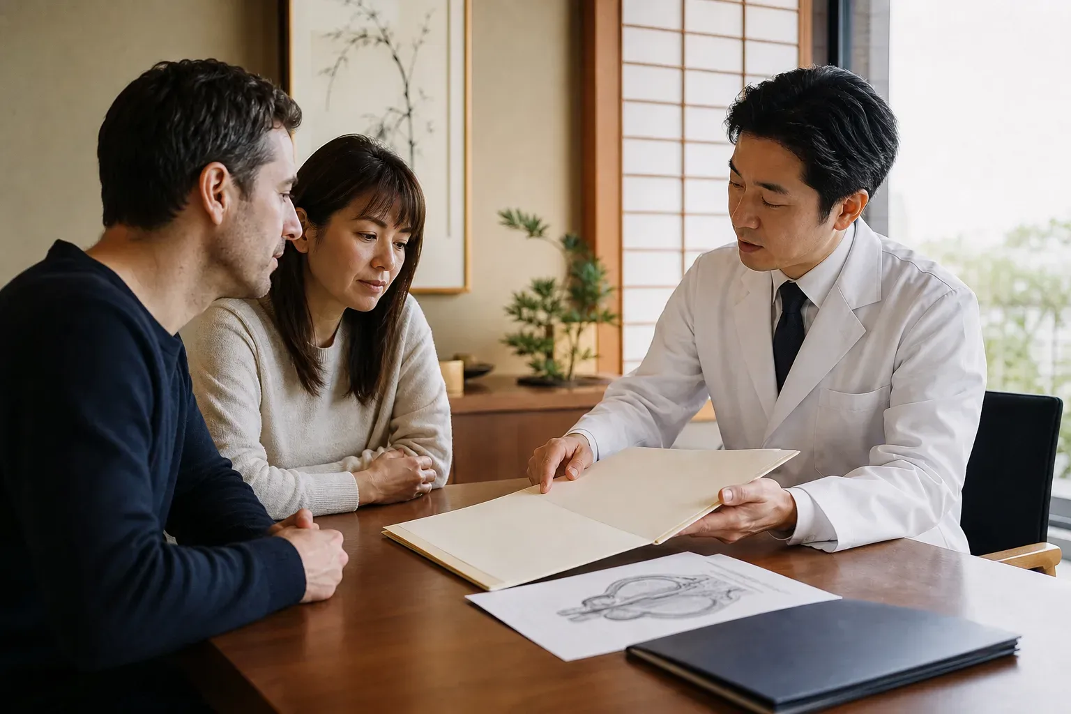 プライベートな相談室でコーディネーター、患者様、医療者が資料を確認する場面