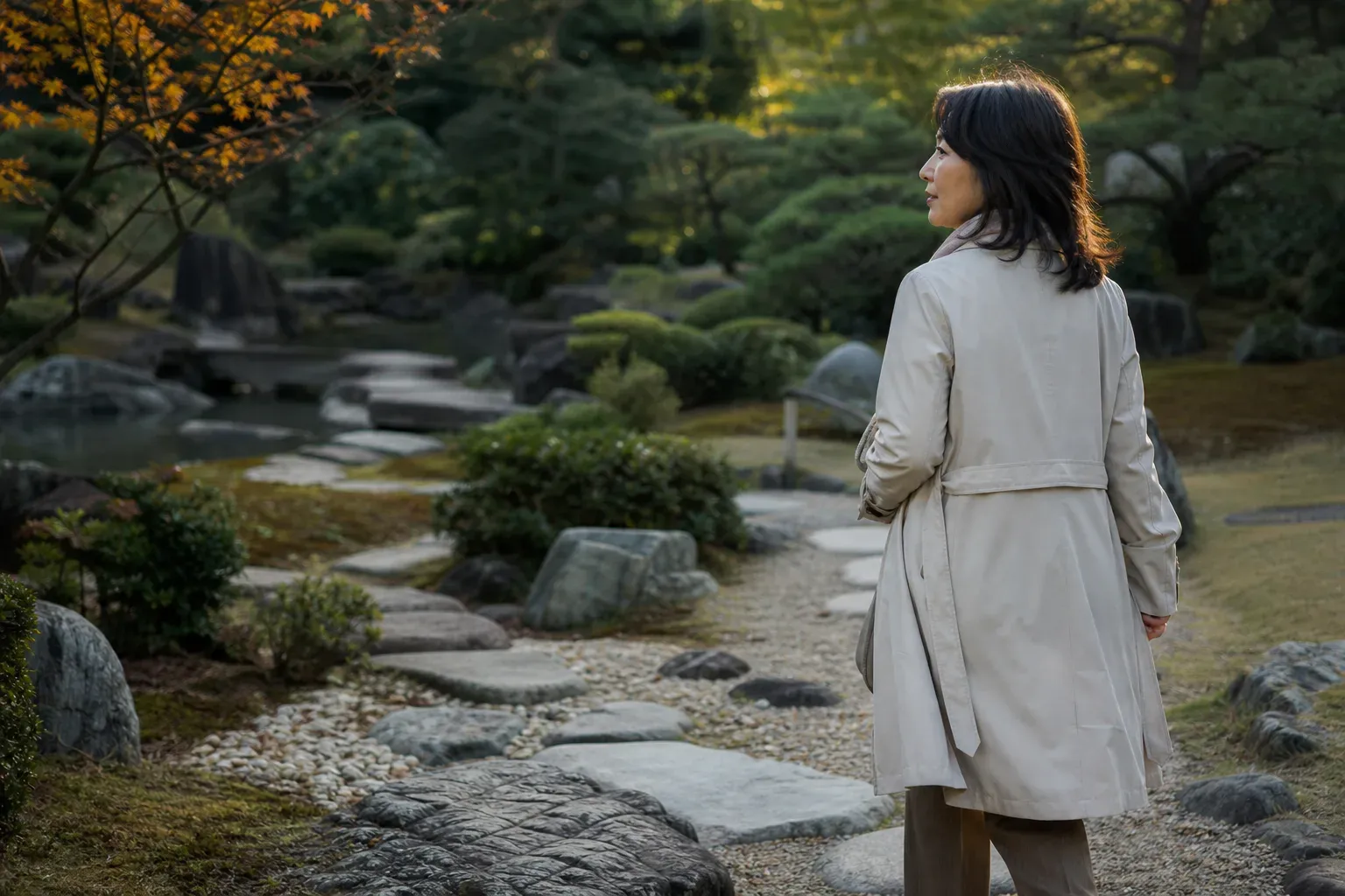 午後の光の中、静かな東京の庭園を歩く大人の女性