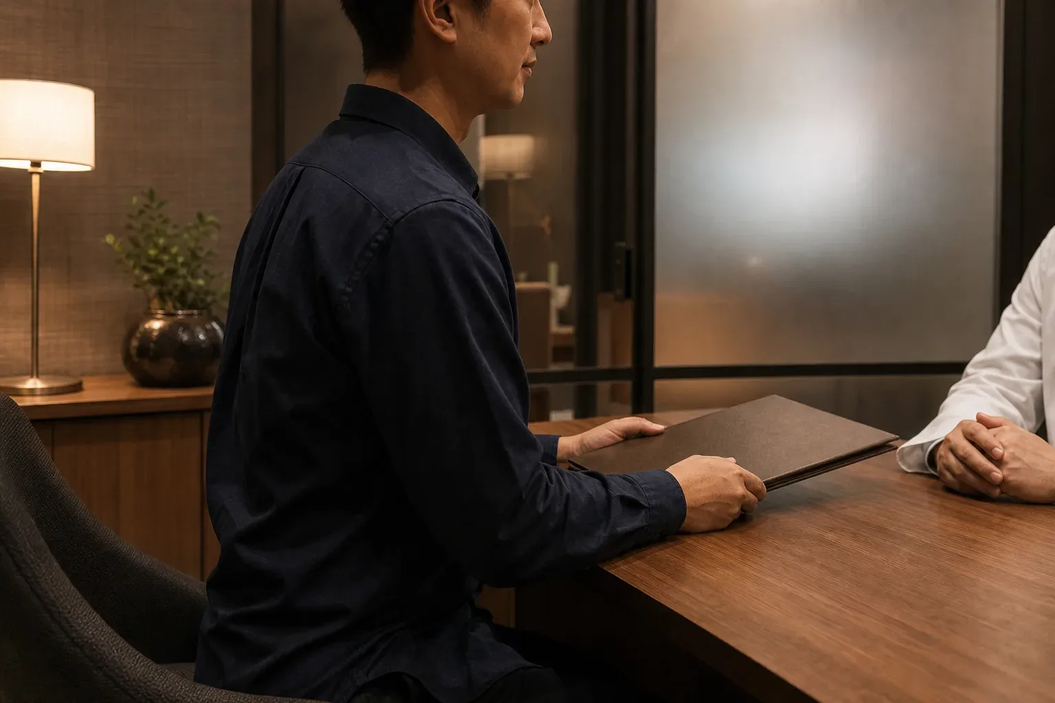 落ち着いた日本の相談室で、成人男性と医療者が個別に話す場面