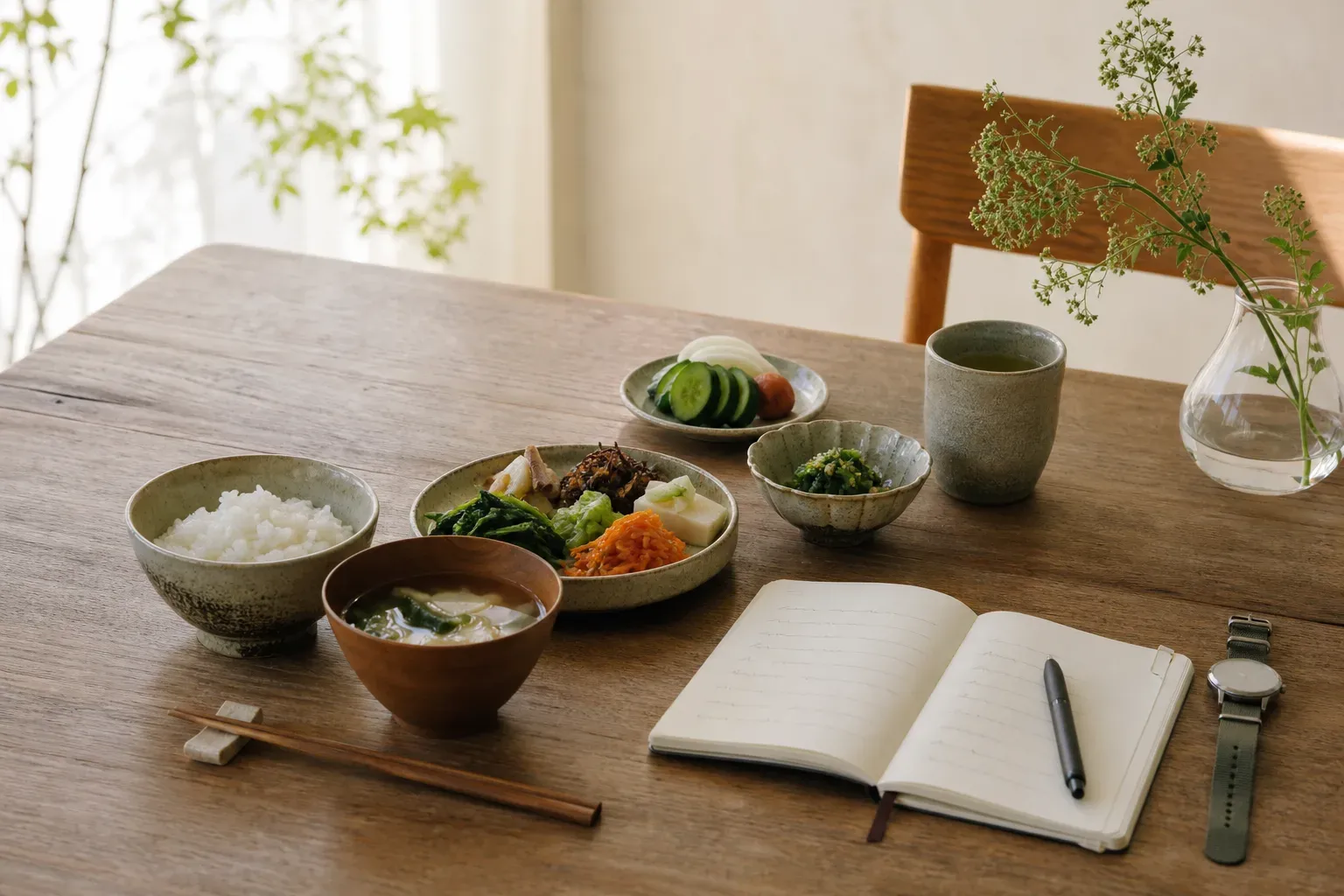 季節の料理と手書きのウェルネスノートが置かれた和朝食の食卓