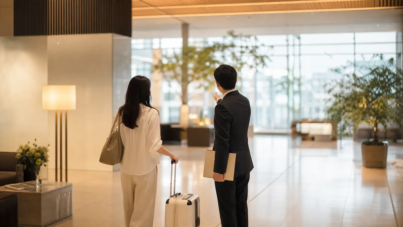 A coordinator greeting an international traveler in a calm Tokyo airport arrival hall