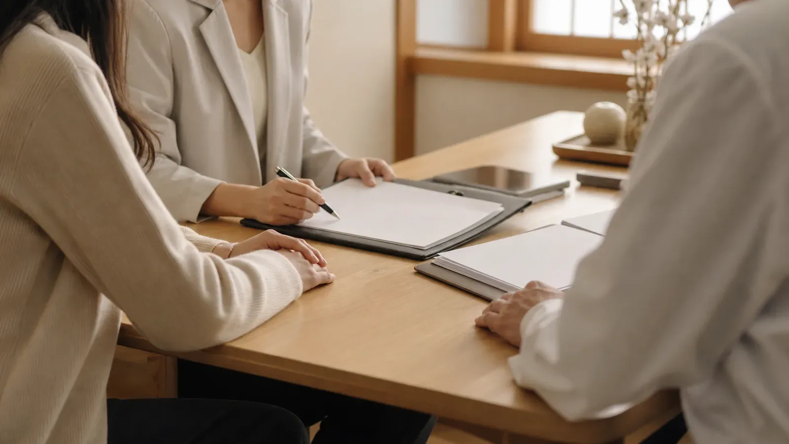 A private consultation meeting with a coordinator, patient, and clinician reviewing blank documents