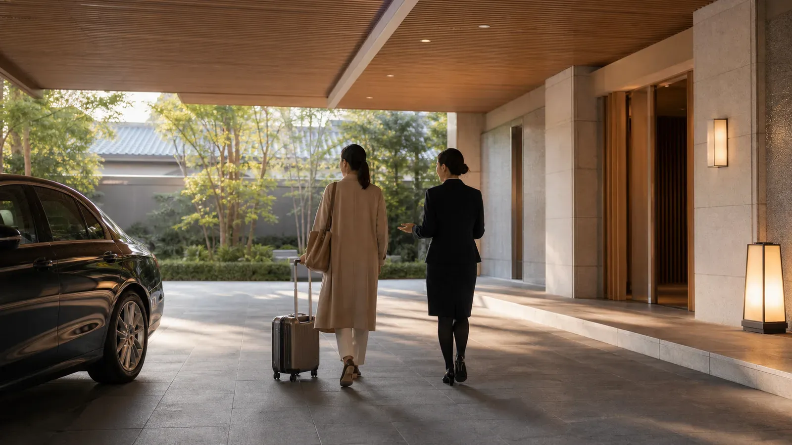 A coordinator accompanying an international traveler toward a quiet clinic or hotel entrance