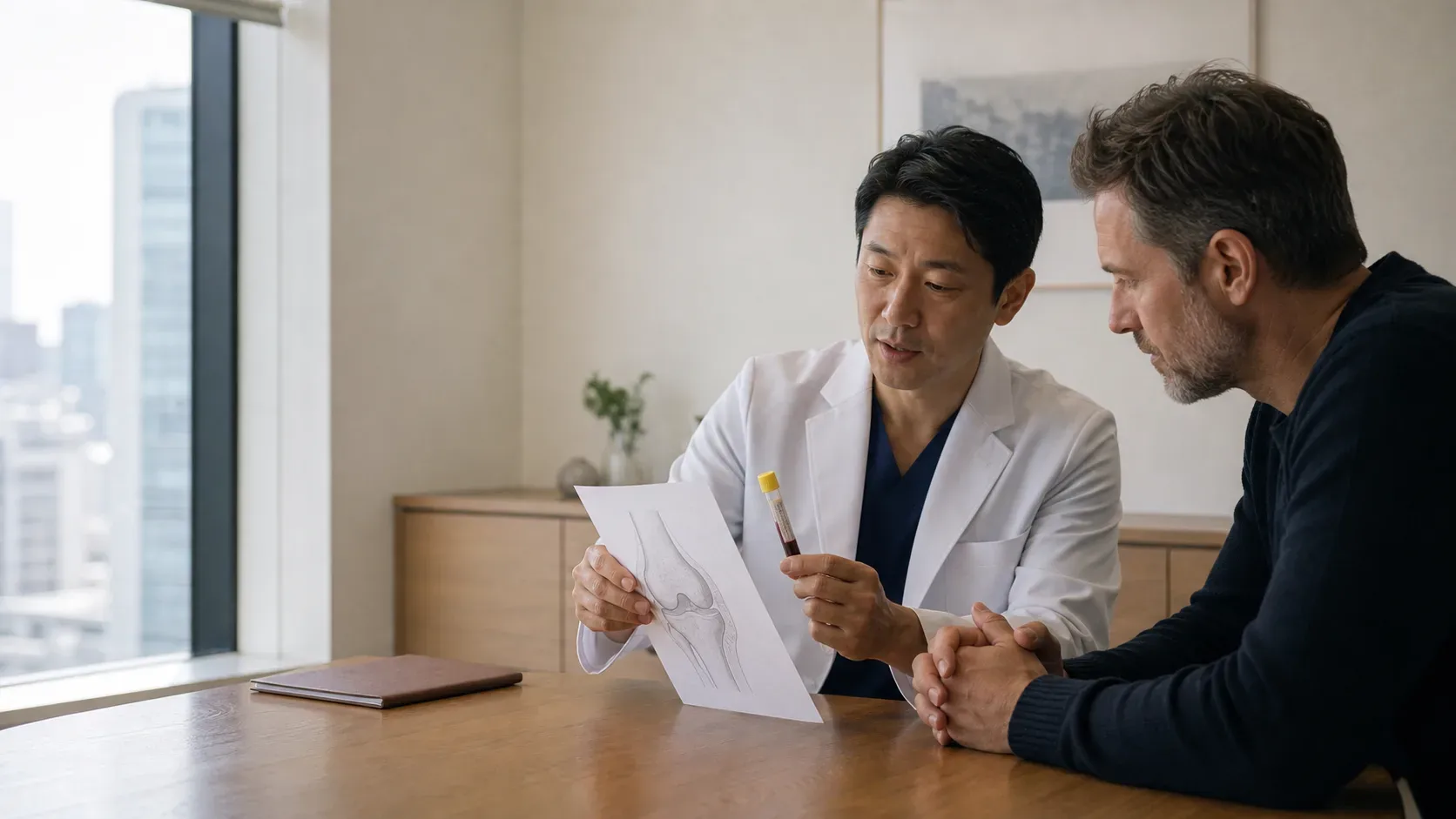 A clinician and an international visitor reviewing a joint diagram and sealed sample tube during a private consultation
