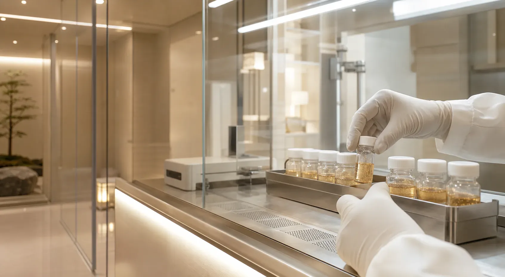 Gloved hands preparing sealed regenerative medicine vials inside a clean-room environment